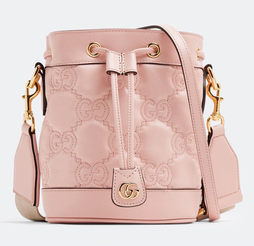 Gucci GG Matelassé Leather Bucket Bag Pink Crossbody Shoulder Bag NIB